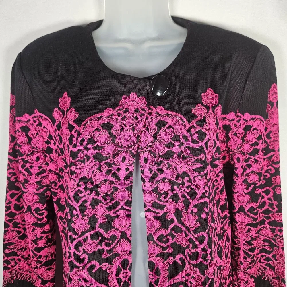 Misook Cardigan‎ Womens M Acrylic Knit Sweater Floral Lace Black Fushsia Office